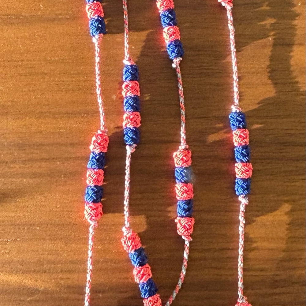 Handmade Moroccan Macramé Necklace – Coral & Navy Knotted Cord. New.